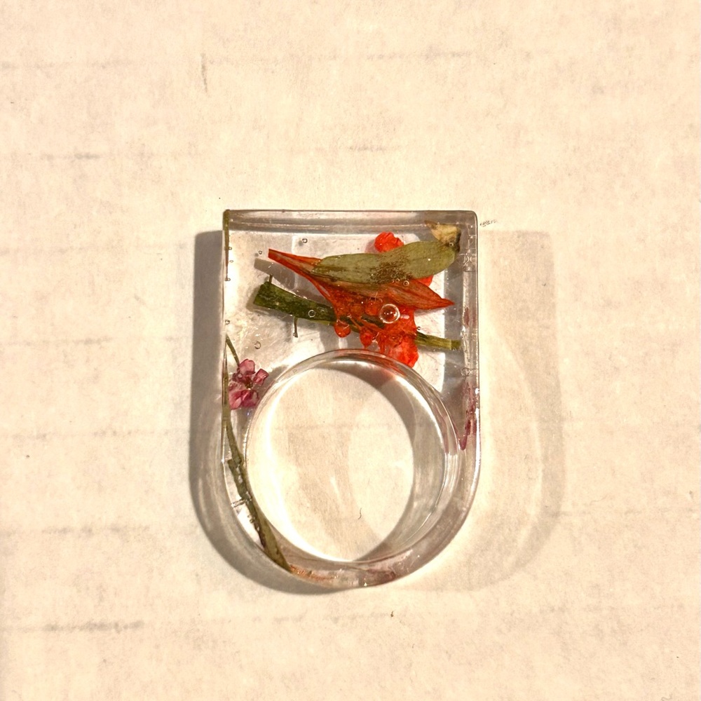COPY - Resin Ring Clear with flowers floral design ring chunky square ring